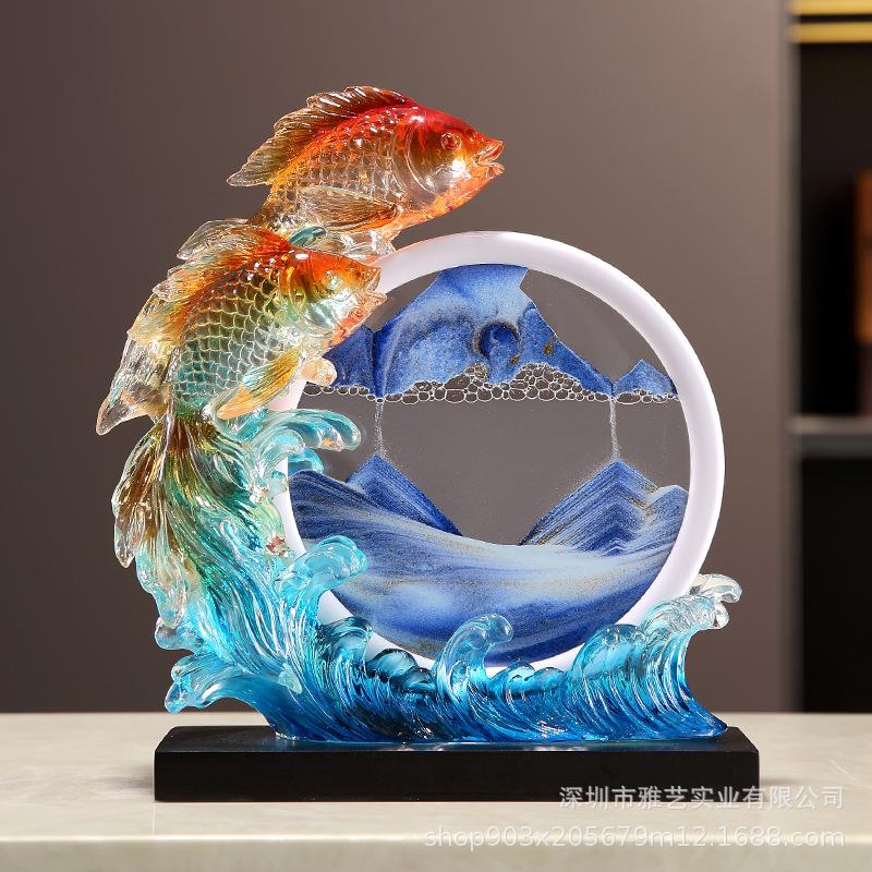 透明中式年年有余金鱼摆件创意玄关酒柜流沙装饰品树脂工艺品