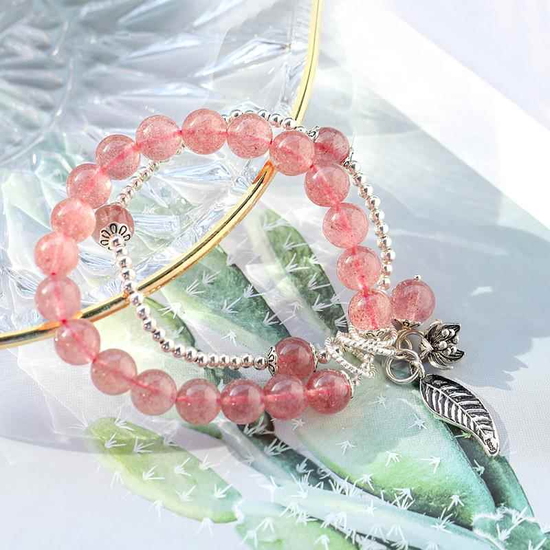 天然草莓晶手链女生桃花粉嫩925纯银双圈水晶手串韩版ins风简约