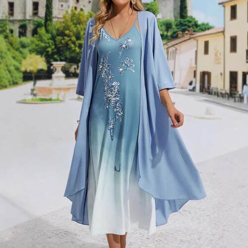 Women's printed dress with two camisoles, long skirt, and