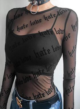 Sexy Women Mesh T-Shirts See-Through Perspective Tshirt Lett