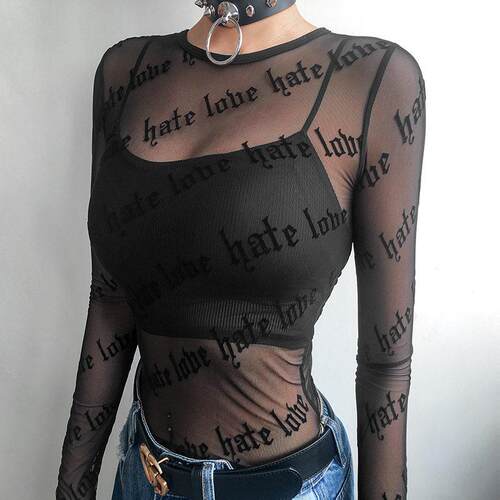 Sexy Women Mesh T-Shirts See-Through Perspective Tshirt Lett
