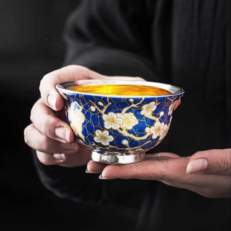 手工鎏银冰梅青花主人杯压手杯陶瓷功夫茶具品茗杯喝茶杯建盏礼品