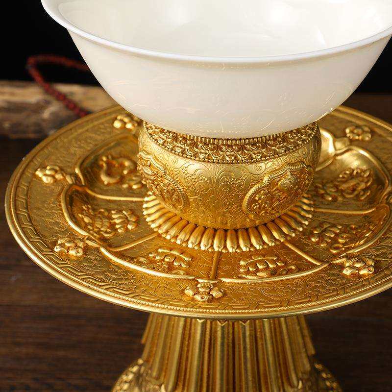 慧宝纯铜果盘八吉祥供盘高脚吉祥羊脂玉瓷宝瓶供斋摆件精致做工