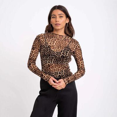 Sexy leopard print mesh printed T-shirt top for women