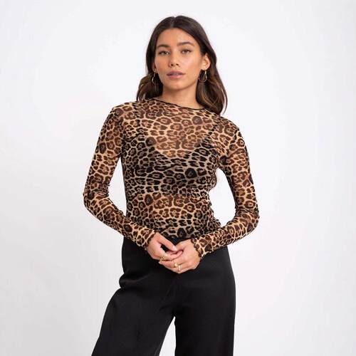 Sexy leopard print mesh printed T-shirt top for women