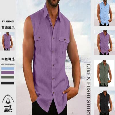 Men's cotton and linen collared sleeveless shirt, beach