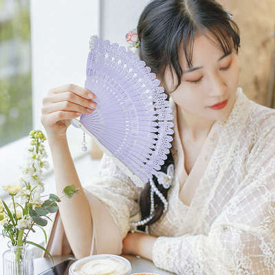 老阊门【翩翩】夏季汉服少女心扇子折扇复古风紫色日用中国风苏州