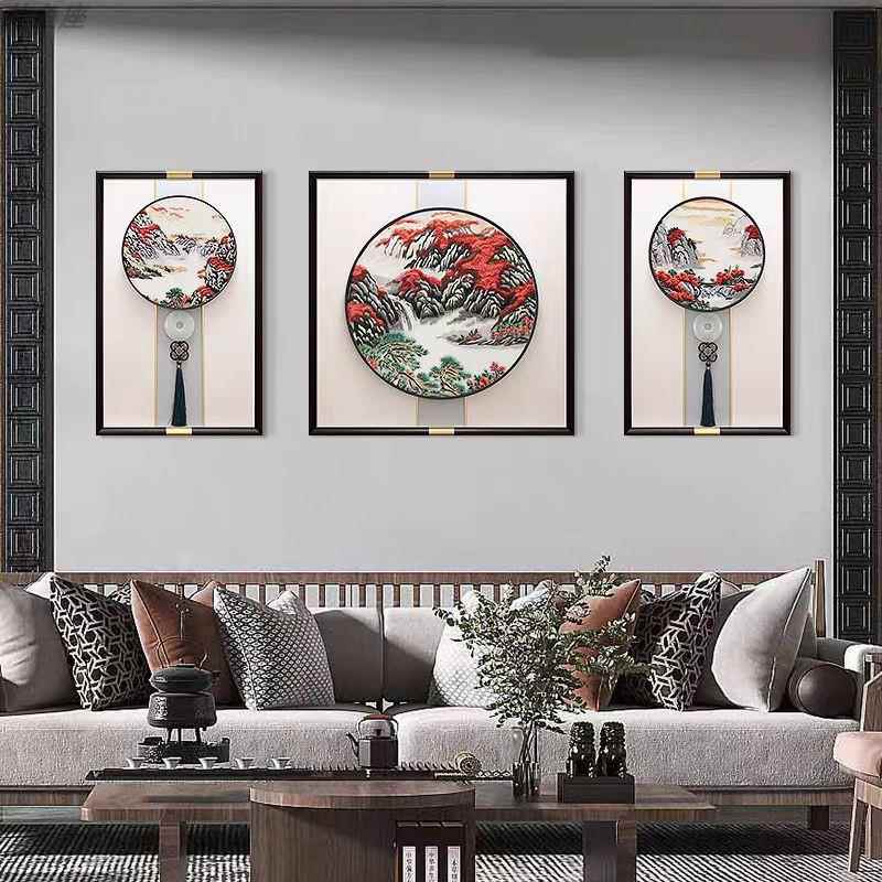 新中式客厅装饰画高端刺绣挂画沙发背景墙三联壁画立体苏绣成品画图片