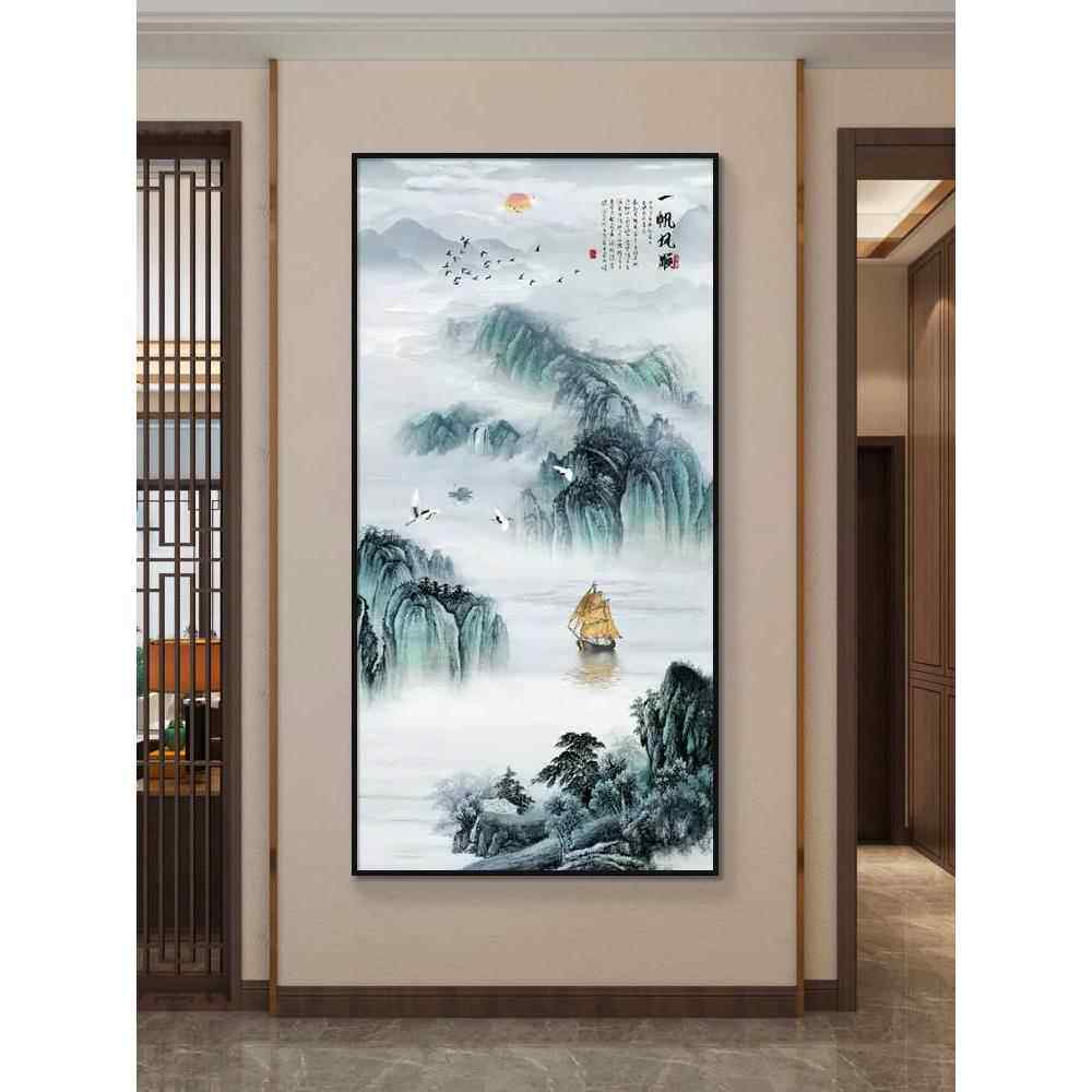 玄关装饰画竖版高山流水入户进门走廊过道新中式山水挂画客厅壁画