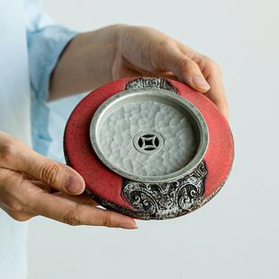 昌朴居老岩泥粉引胭脂红饕餮纹壶承盖碗茶壶托茶承家用养壶干泡台