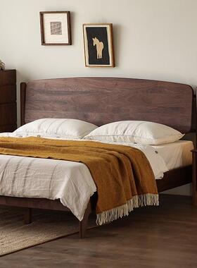 北欧简约黑胡桃木全实木双人床复古主卧大床高靠背悬浮床现代原木