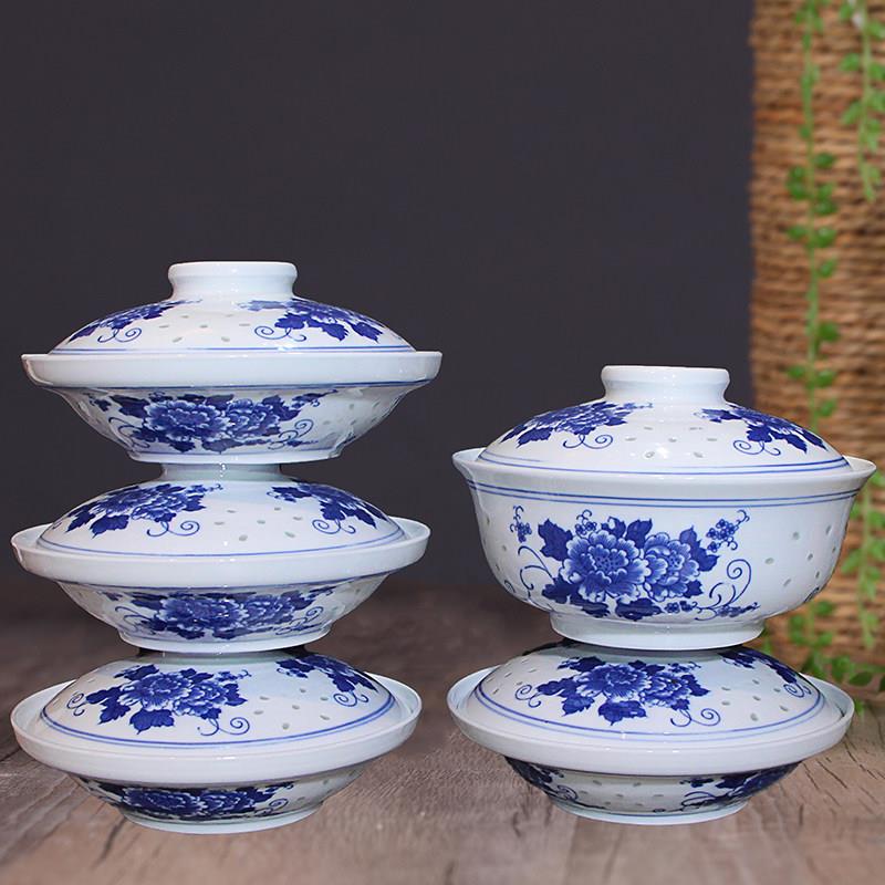 景德镇青花瓷带盖子碗玲珑合器盘子家用泡面碗汤盘子陶瓷餐具微波