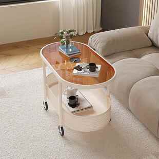 奶沙油风可移璃动茶几小户客厅家用发MAS边几型桌带轮床头玻小推