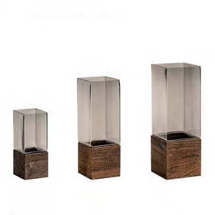 掬涵方口木托玻璃花瓶摆件 透明客厅餐桌插花装饰花器批发