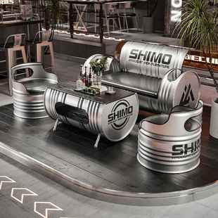 工业风油桶卡座沙发酒吧等候区洽谈休息区商用创意桌椅茶几组合