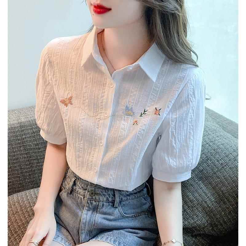 香港TIMO夏季新款白色衬衣纯棉衬衫女洋气全棉刺绣短袖泡泡袖上衣