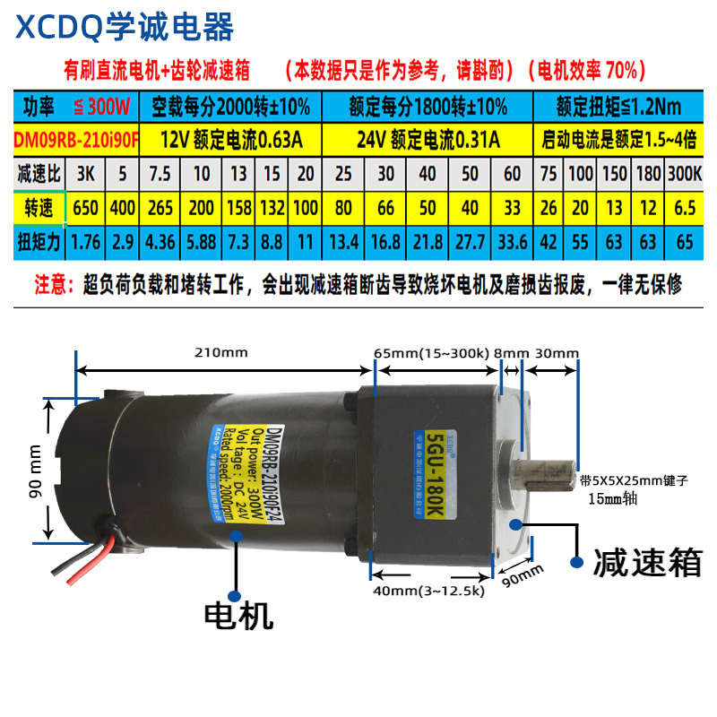 300W直流有刷齿轮减速电机12V24V低速大扭矩力正反转调速马达xcdq