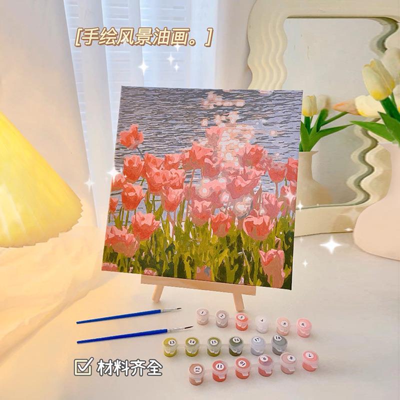 郁金香数字油画diy客厅装饰画套装学生儿童手绘风景画填色画