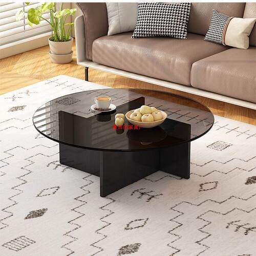 现款正方形钢化玻璃中古风茶几茶几客厅阳台实木底座轻奢简约客厅