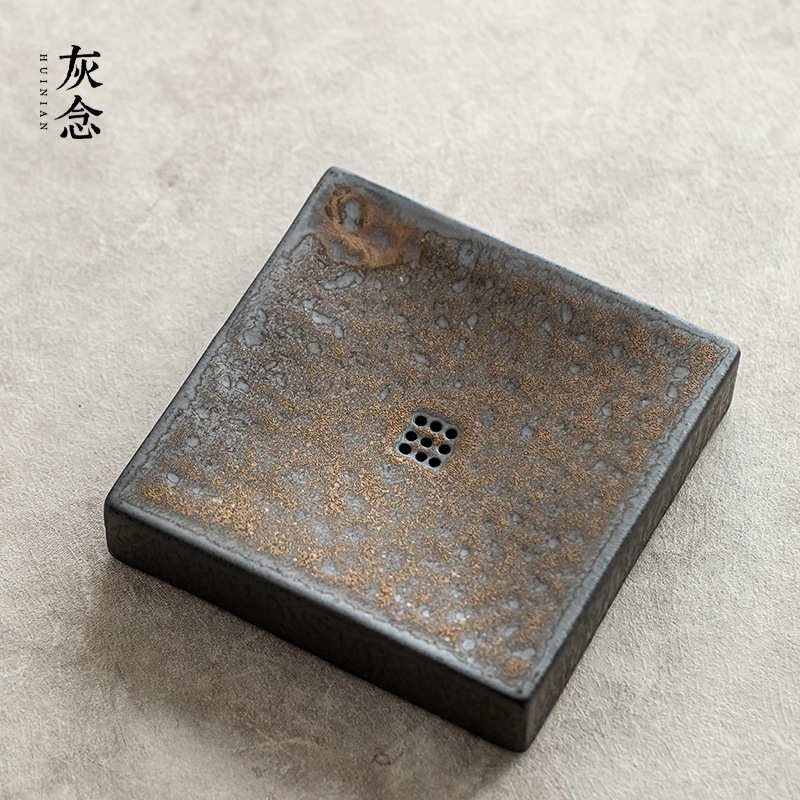 灰念天方壶承陶瓷干泡台茶盘复古壶托日式托盘茶具茶托鎏金釉茶台