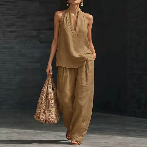 Womens Linen 2 Piece Sets Sleeveless V Neck Halter Top