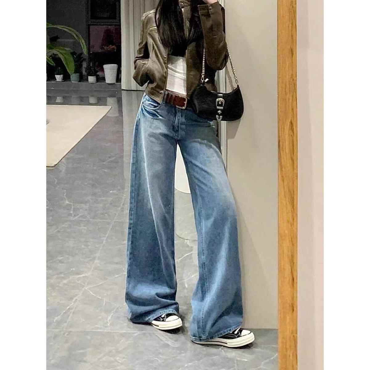 秋季小个子牛仔裤女浅蓝色高腰宽松直筒裤美式做旧阔腿拖地长裤子