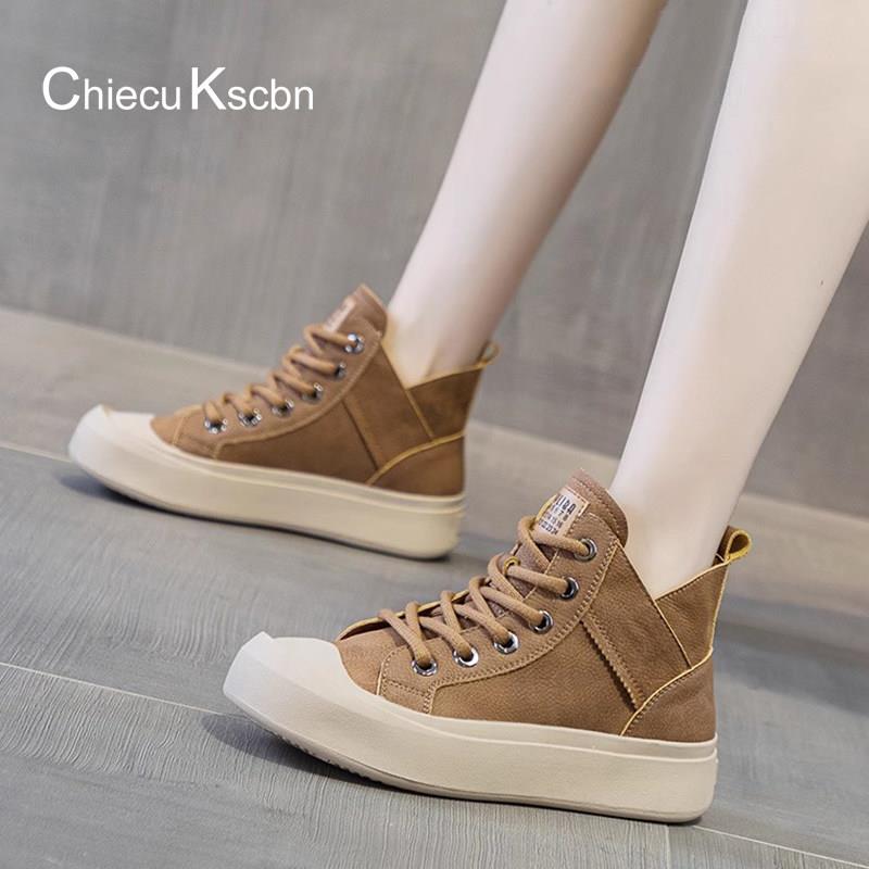 Chiecu Kscbn品牌女鞋真皮厚底帆布靴女2025新款百搭运动休闲鞋