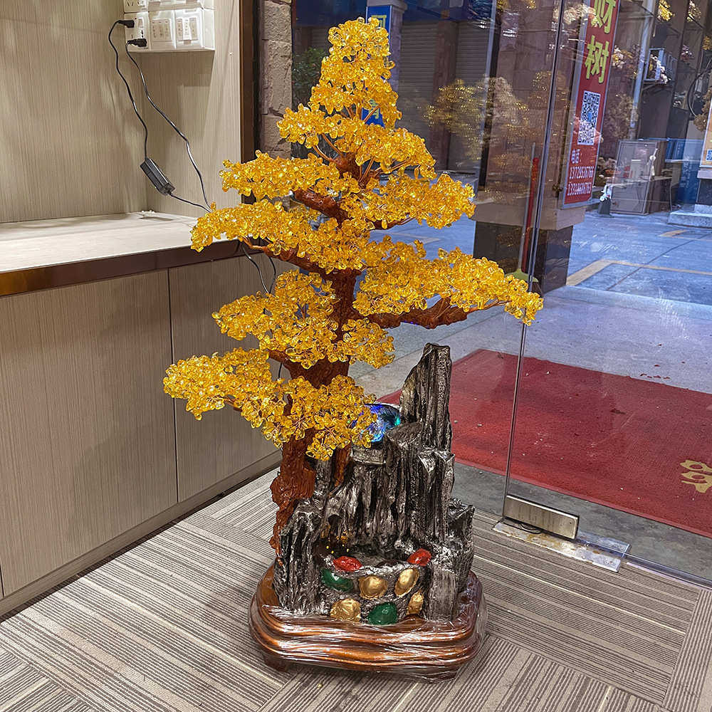 黄水晶招财树流水彩光滚珠大号摆件办公客厅落地摆件开业乔迁送礼