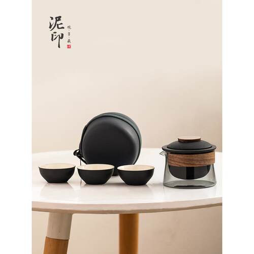 户外泡茶手抓壶简易玻璃粗陶旅行茶具便携快杯一壶三杯套装