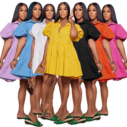 Womens Plain Ruffle Hem Button Front Smock Dress Casual Puff