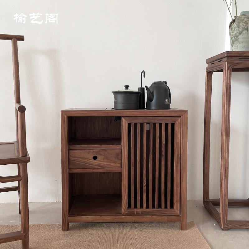 新中式茶水柜实木茶水台简约可移动茶桌下置水桶小型储物推拉边柜