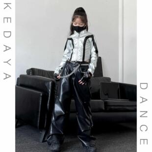 爵士舞服装女童银色皮衣外套皮裤子幼儿欧美女团jazz表演出服套装