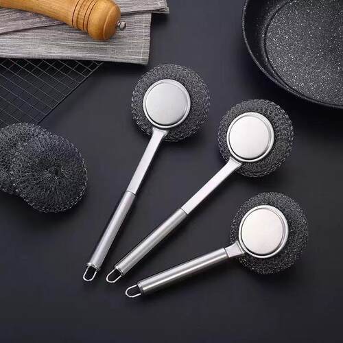 Long-handled stainless steel pot scrubber, a kitchen cleanin