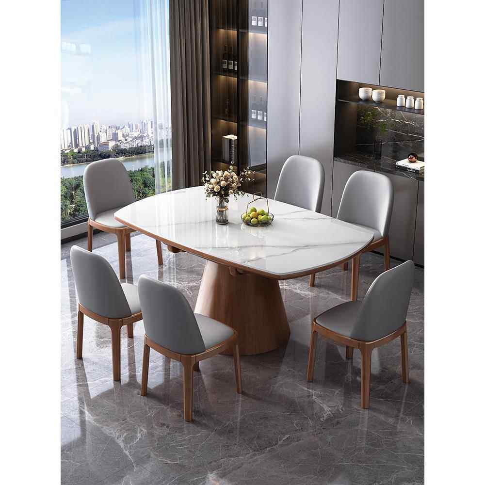 高端实木板岩餐桌椅组合现代简约小户型家用可伸缩折叠圆形餐桌