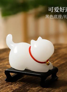 正品天然玉石爱好运小猫摆件礼手工可客厅桌面可装爱饰品送女友生