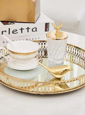 北欧风家居摆件镜面玻璃盘子金属收纳托盘客厅家用样板房软装饰品