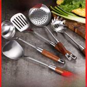 304不锈钢炒勺炒铲家用炒菜锅铲子花梨木柄厨师家用炒勺锅铲套装