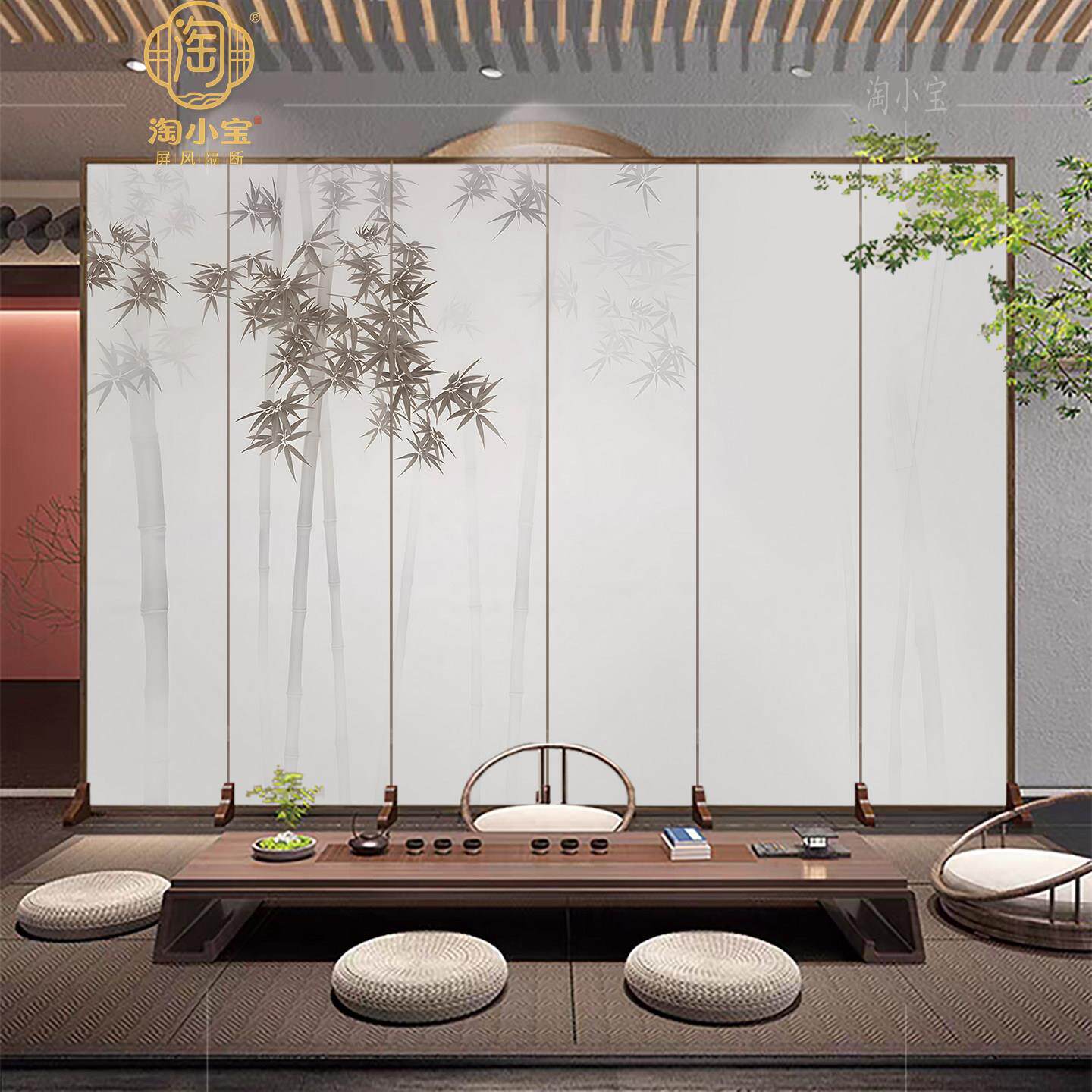 新中式竹子屏风隔断新型高级油画布节省空间多功能折叠屏风