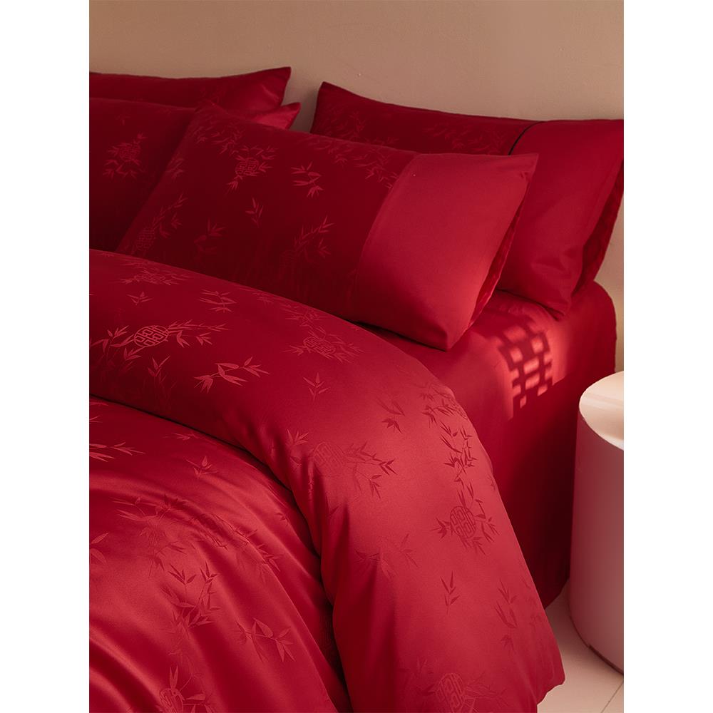 高档水洗棉提花婚庆四件套红色结婚被套床单床笠新婚喜被床上用品