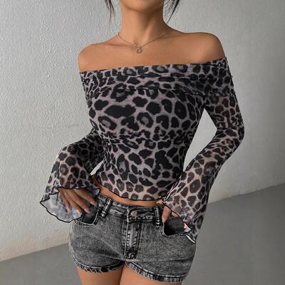 Leopard Print Off Shoulder Tee Fashion Casual Feminine Long