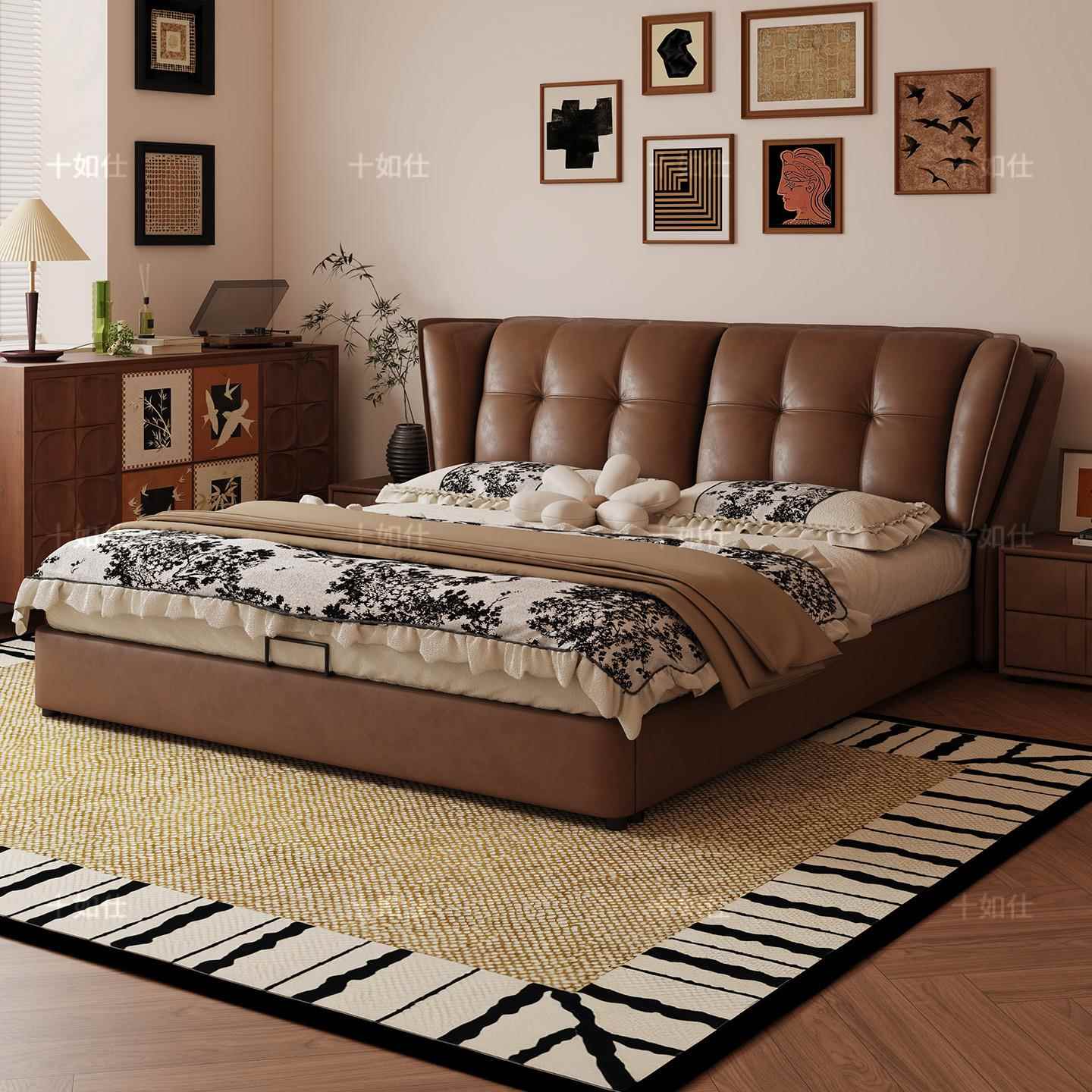 法式复古风实木油蜡皮真皮床主卧室软包储物双人大床中古风床新款