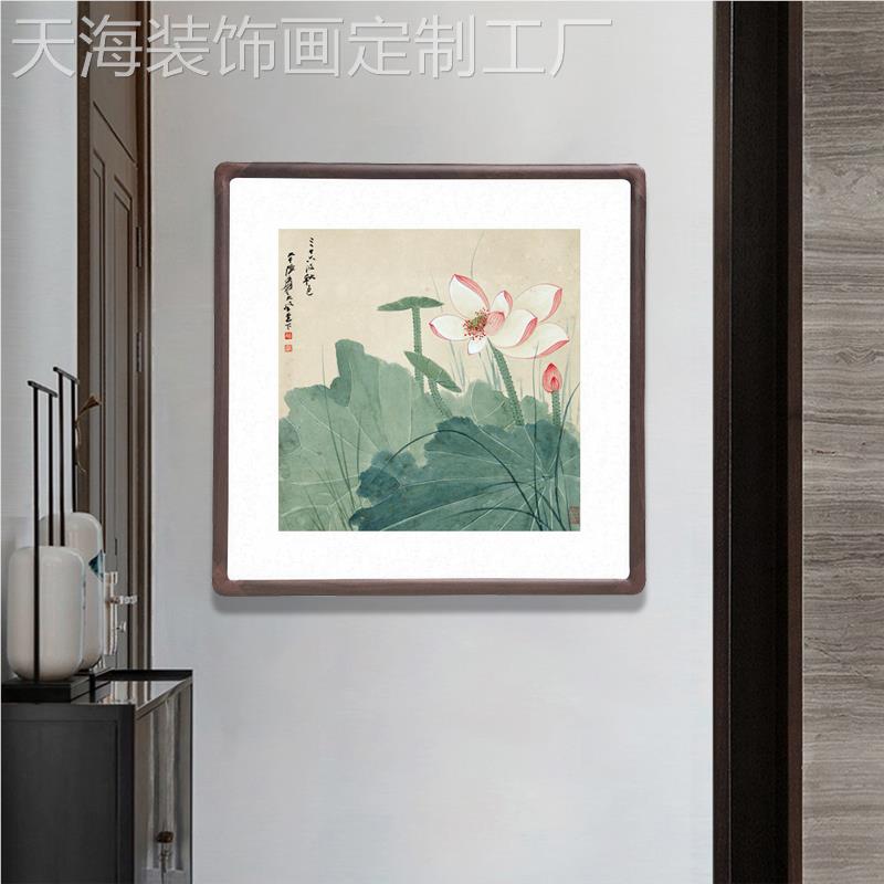 网红张大千荷花装饰画斗方形客水墨画玄关厅壁画卧室餐厅走廊过道图片