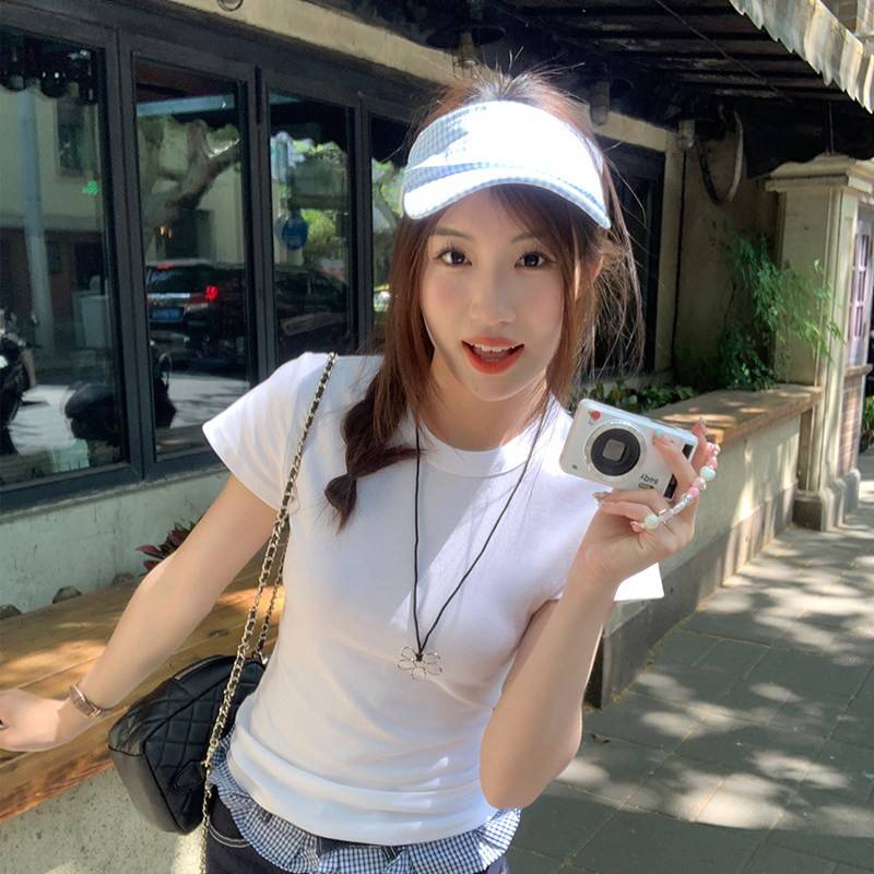 红色圆领正肩短袖T恤女装2025新款多巴胺初夏独特漂亮修身黄上衣