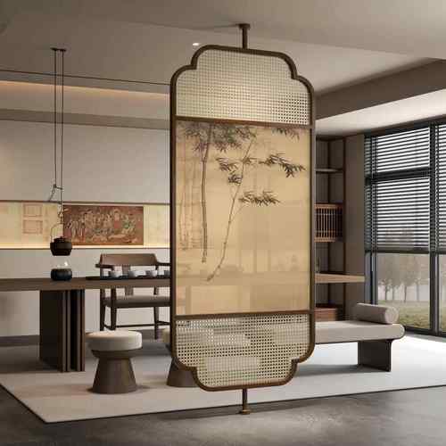 实木屏风隔断入户正对门新中式藤编可旋转屏风办公室茶室进门遮挡