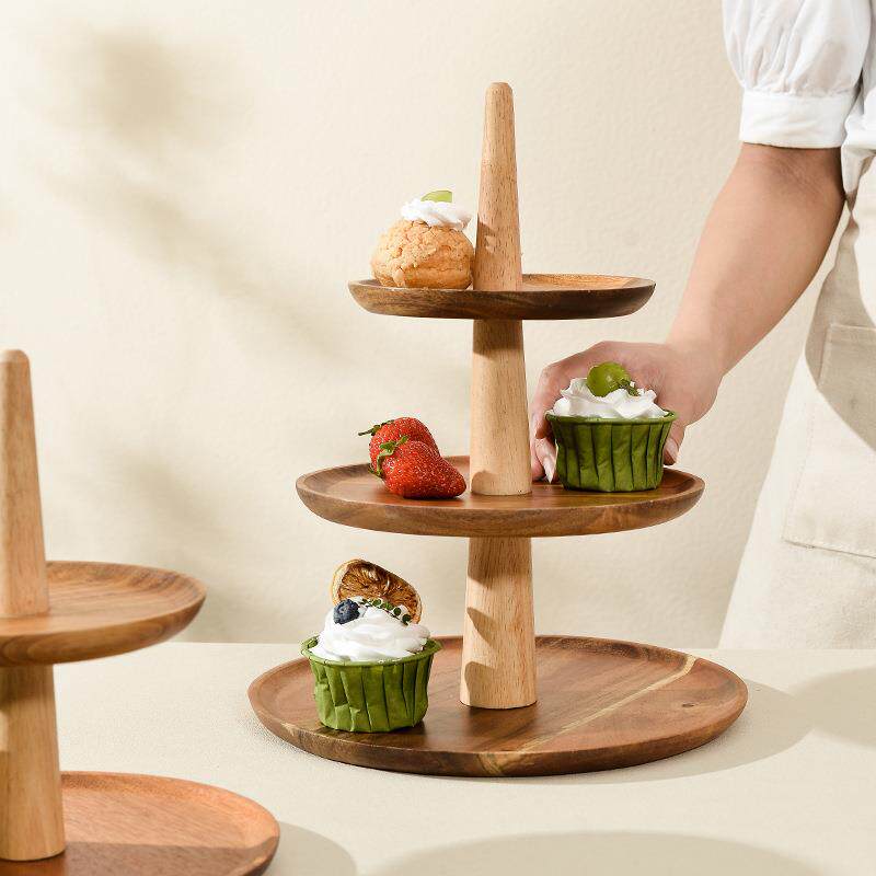 日式点心架三层水果蛋糕盘家用客厅创意三层托盘甜品台实木展示架