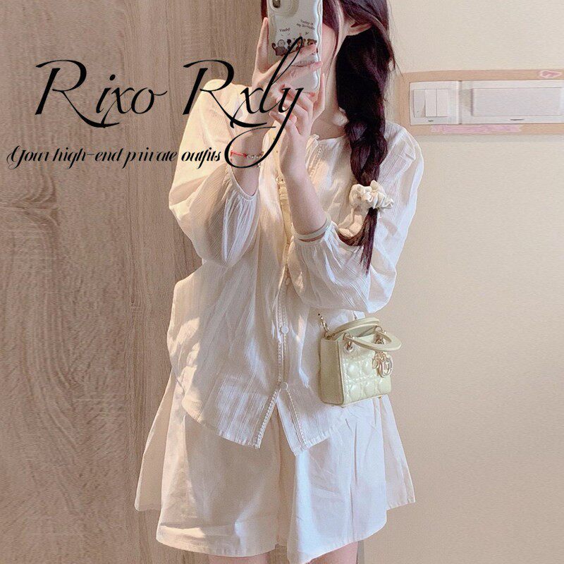 RIXO RXLY小个子时尚套装女夏季小香风长袖衬衫高腰半身裙两件套