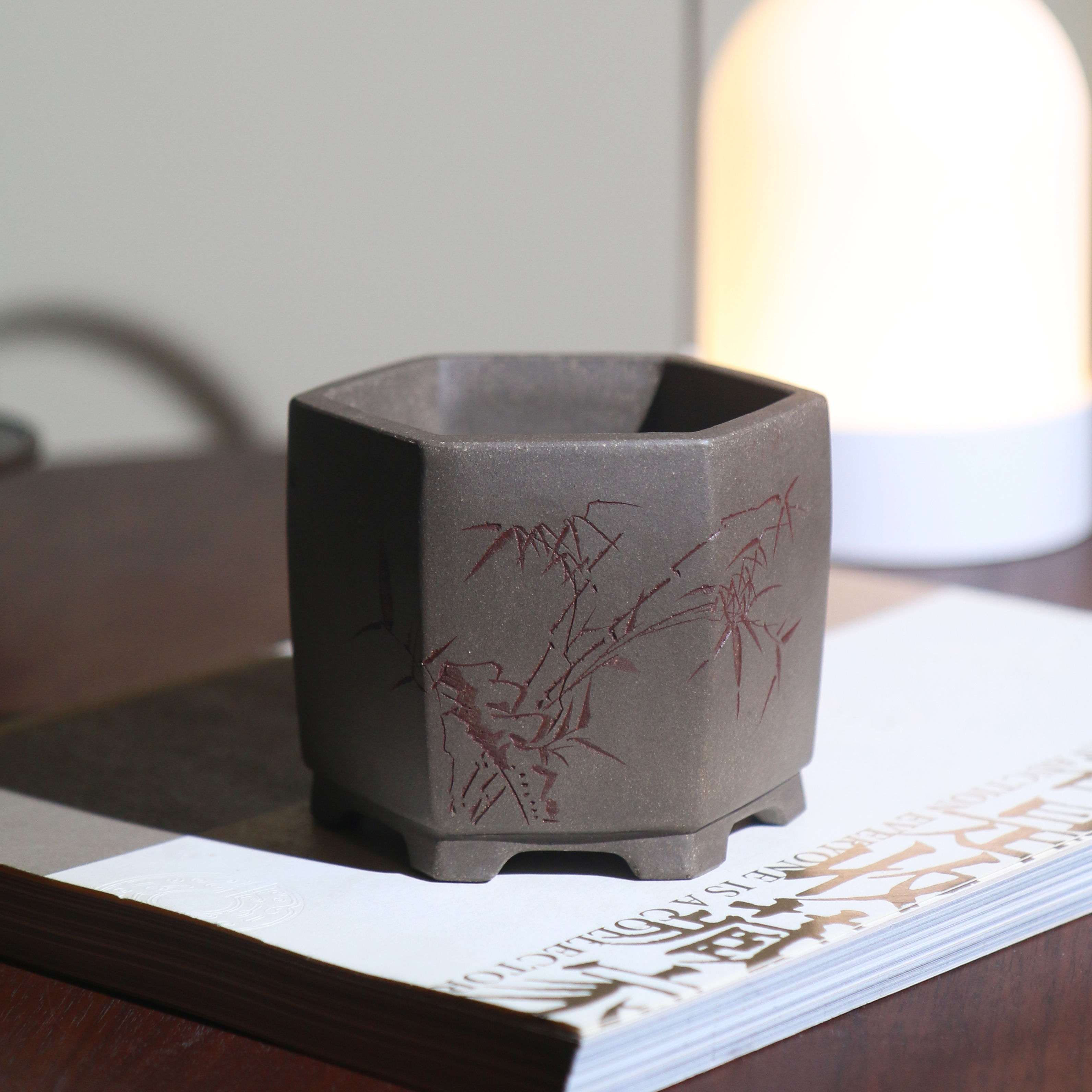 厂家直销紫砂花盆青灰泥六方形六角形刻绘盆景盆菖蒲盆觅陶乡苏兵