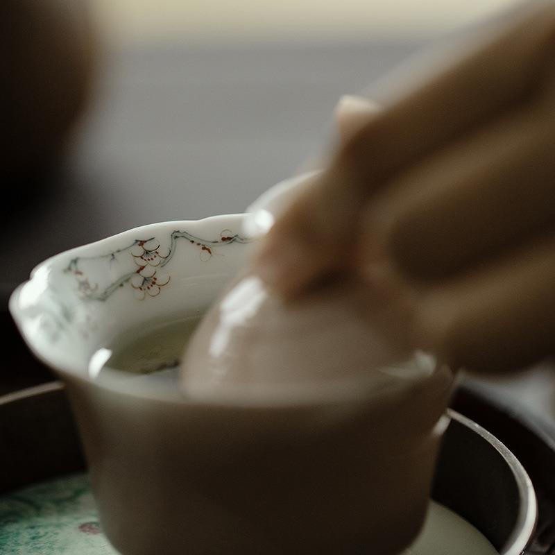 无落 景德镇桃粉釉下彩手绘梅花秋瑞盖碗手工陶瓷泡茶碗薄胎茶碗