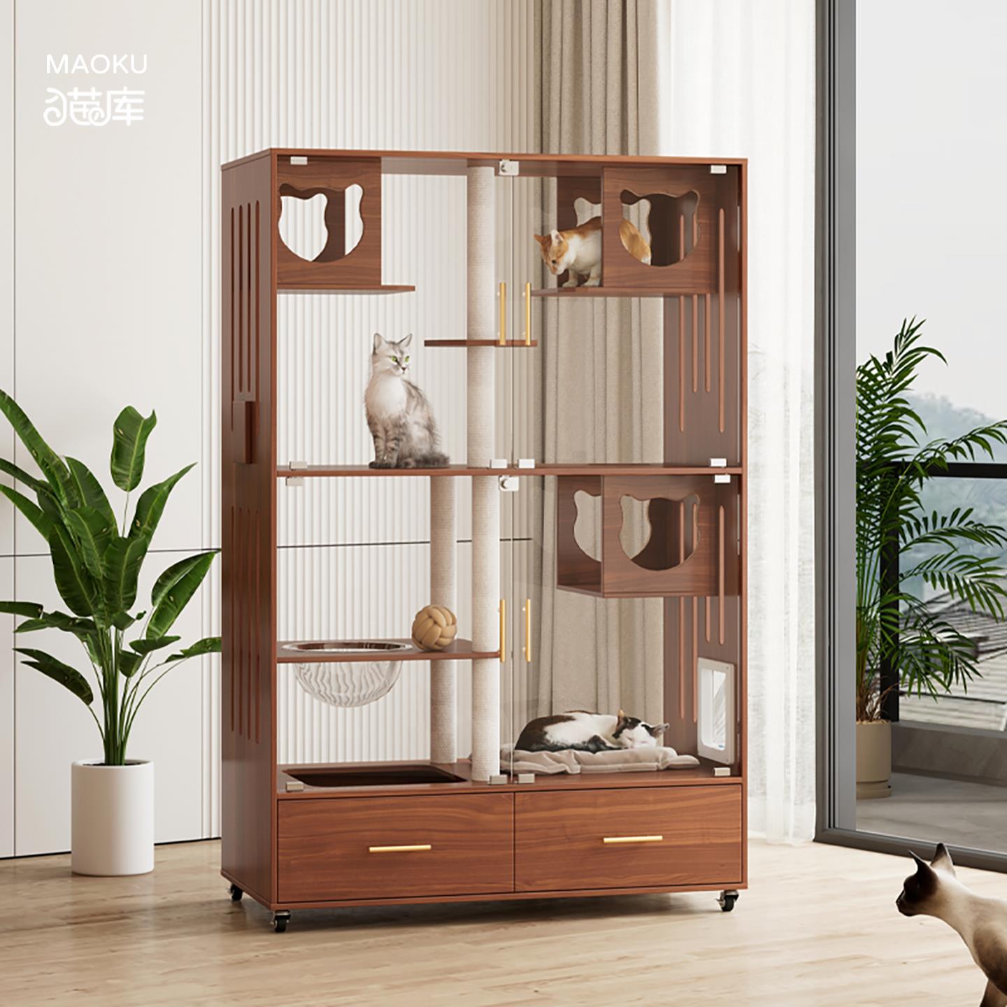 实木猫窝猫别墅带厕所一体家用室内全景猫笼别墅豪华猫柜子猫屋