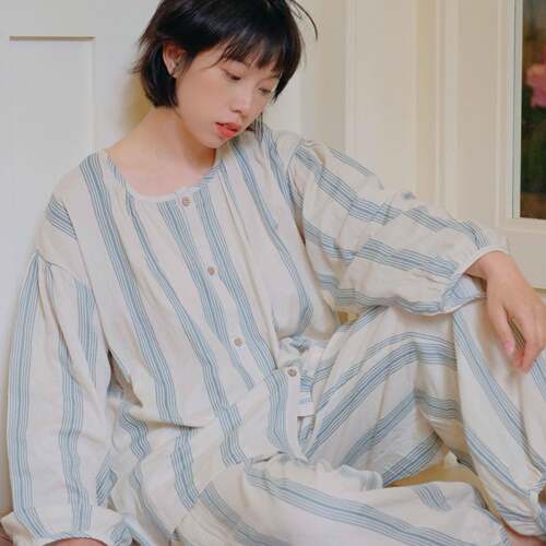 2026简约条纹纯棉睡衣女春秋长袖宽松圆领开衫套装可外穿家居服